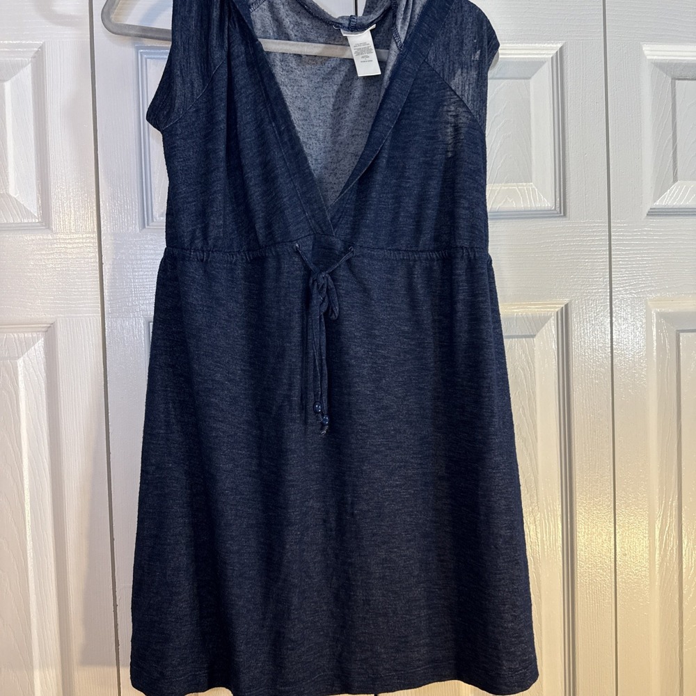 Dotti Swim Cover Up Navy Solid Short‎ Sleeve Hoodie Dress Women's Size Large